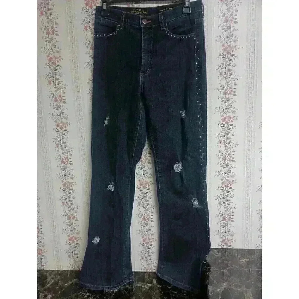 NYDJ Tummy Tuck Rhinestone Studded Bootcut High Rise Denim Jeans 6P Distressed